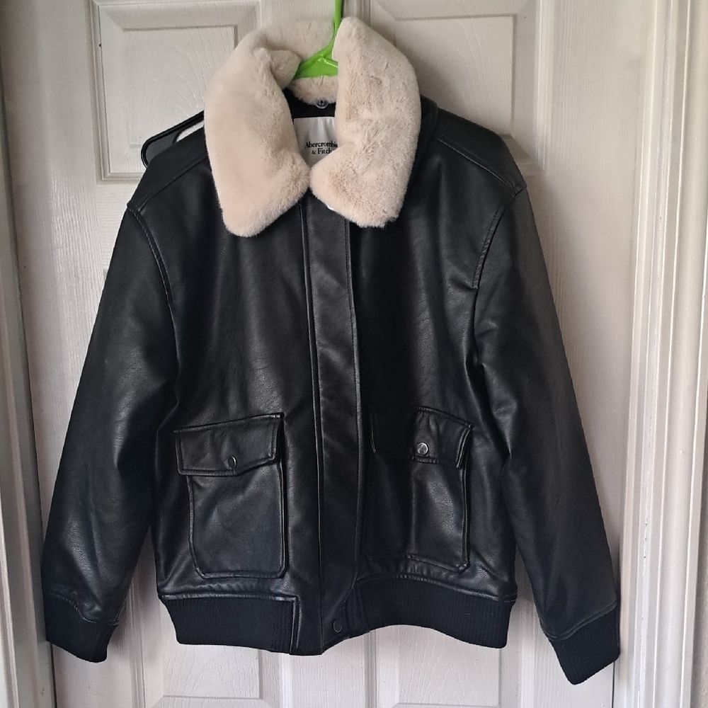 Black Leather Jacket with Cream Fur Collar